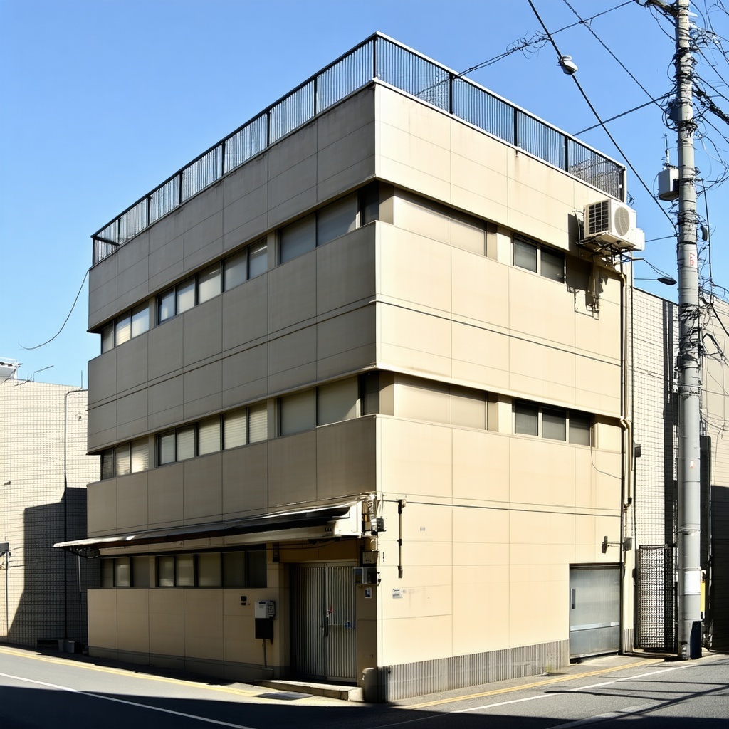 A fourstory beige office building with flat walls and minimal decoration located on a narrow street The building has rectangular windows a rooftop fence a glass entrance door on the corner and an air conditioning unit attached to the second floor The