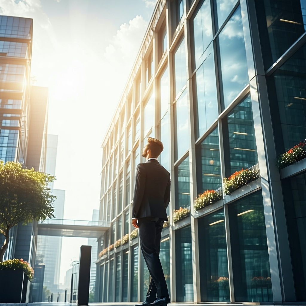 A suited person looking up at an office building with hope in their heart Light shining from above as if imagining what it will be like after joining the company A bright atmosphere
