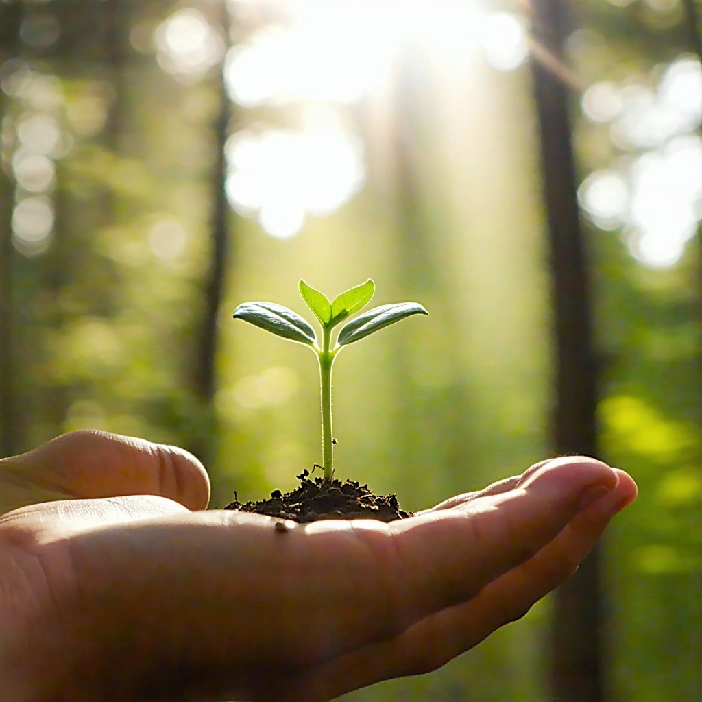 The sunlight is shining down from above and beneath it a small sprout is emerging It is as if the little sprout is being protected resting on a human hand This evokes images of environmental protection and quality preservation-2