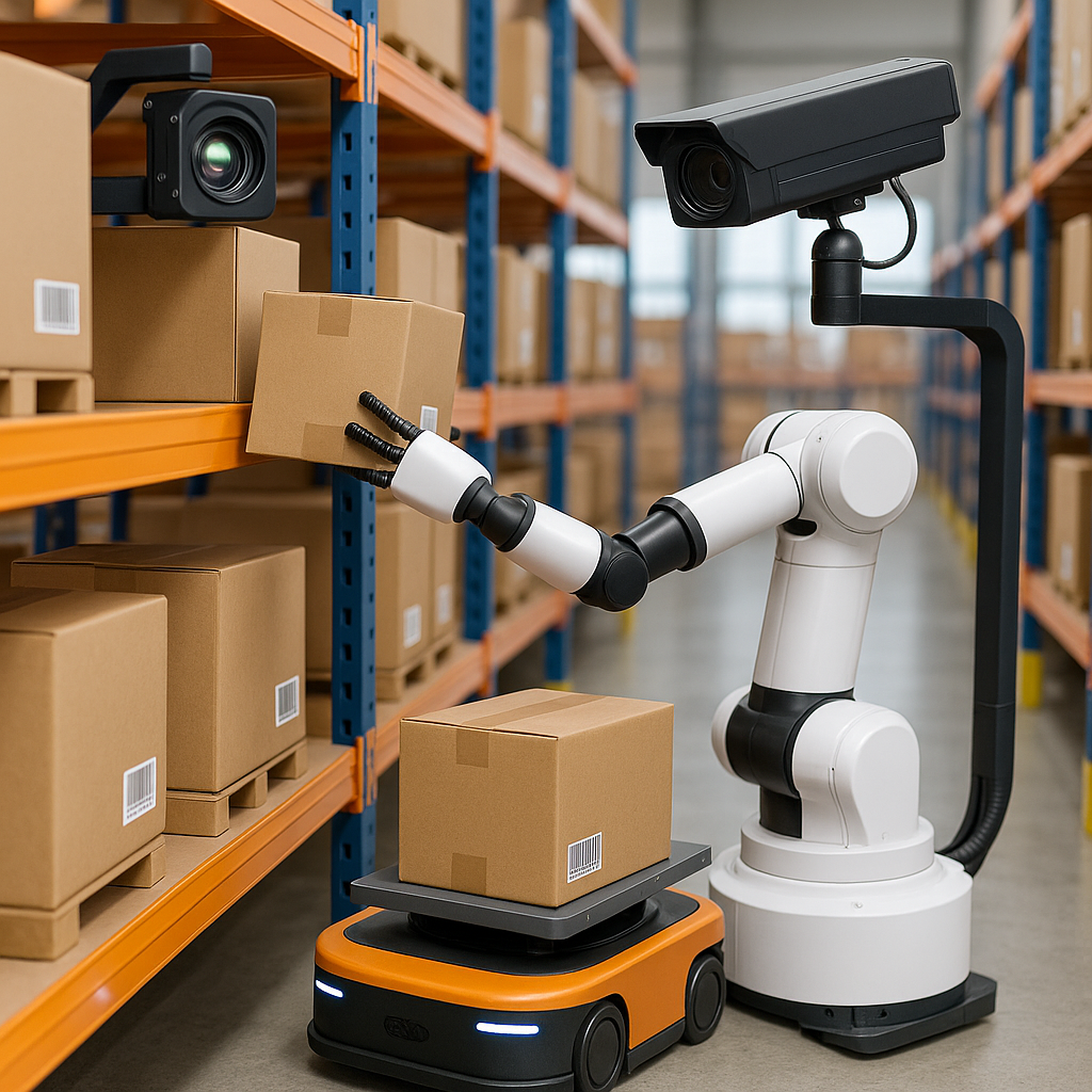 最新の物流倉庫内でカメラとロボットが連携し、商品ピッキングや搬送作業を自動化している様子。高性能カメ